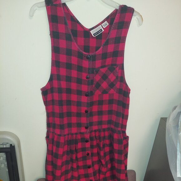 FLANNEL DRESS Ulterior Motives Large Plaid Cottage Sleeveless Women red black - Picture 1 of 3